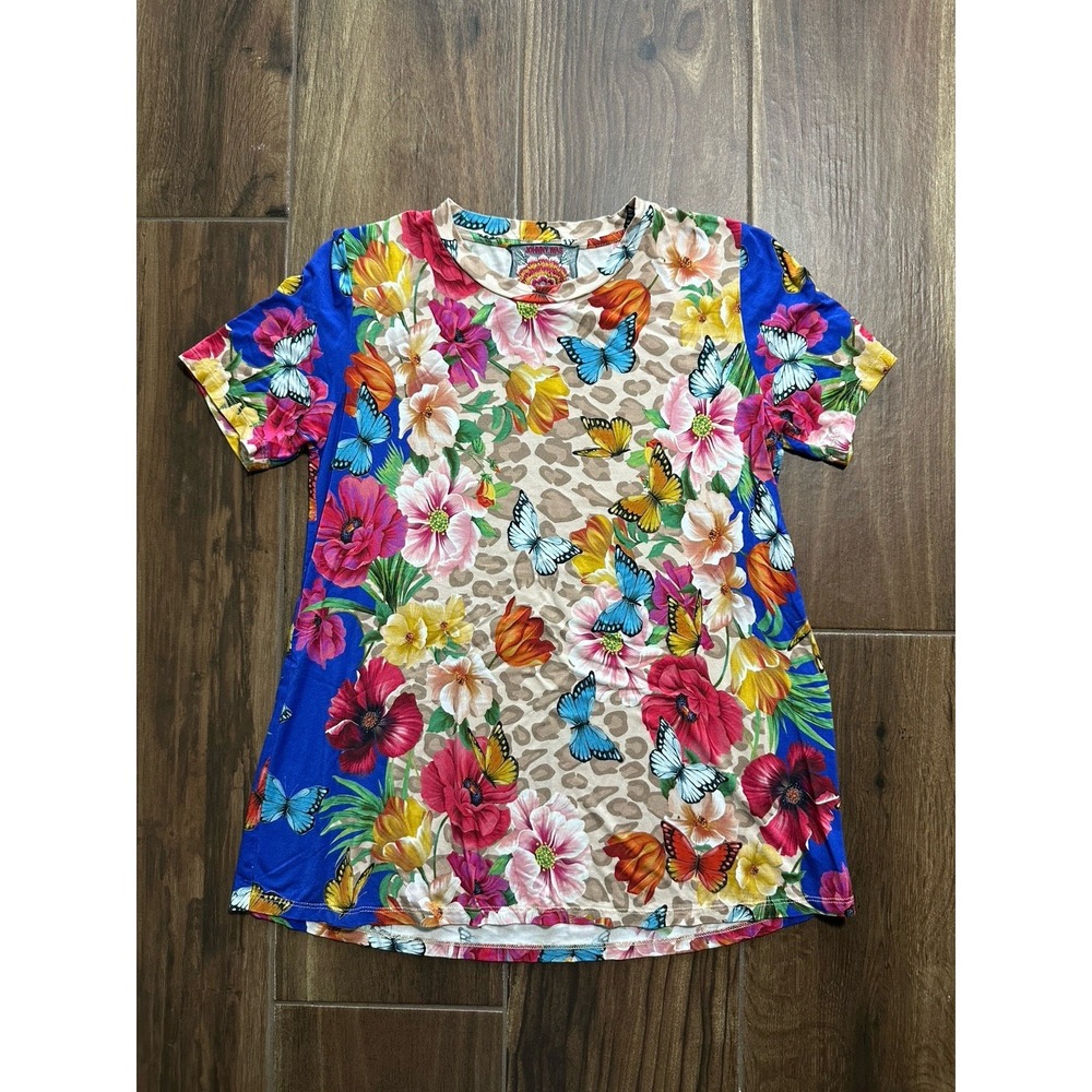 Johnny Was XXS Floral Butterfly Leopard Print Bamboo Tee Blue Multi‎ J17421D-5